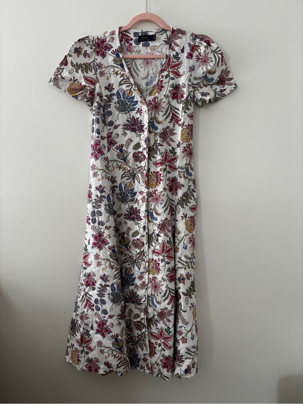 Polo Ralph Lauren 100% Linen Midi Length Floral Dress V-Neck Short Sleeve Size 8